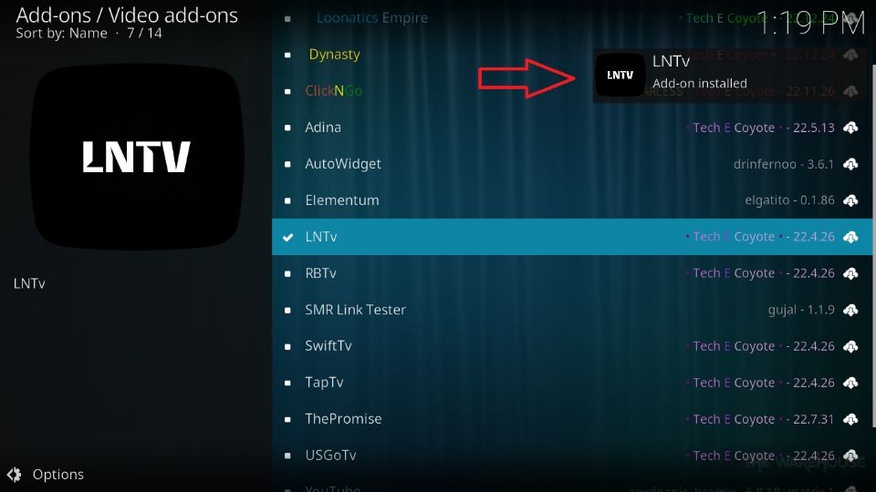 LNTv Add-on installed