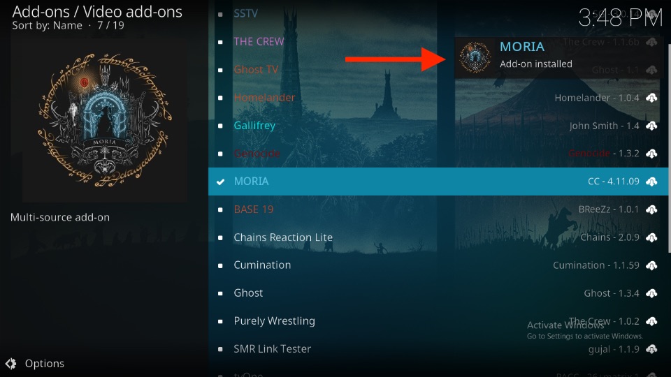 MORIA Add-on installed