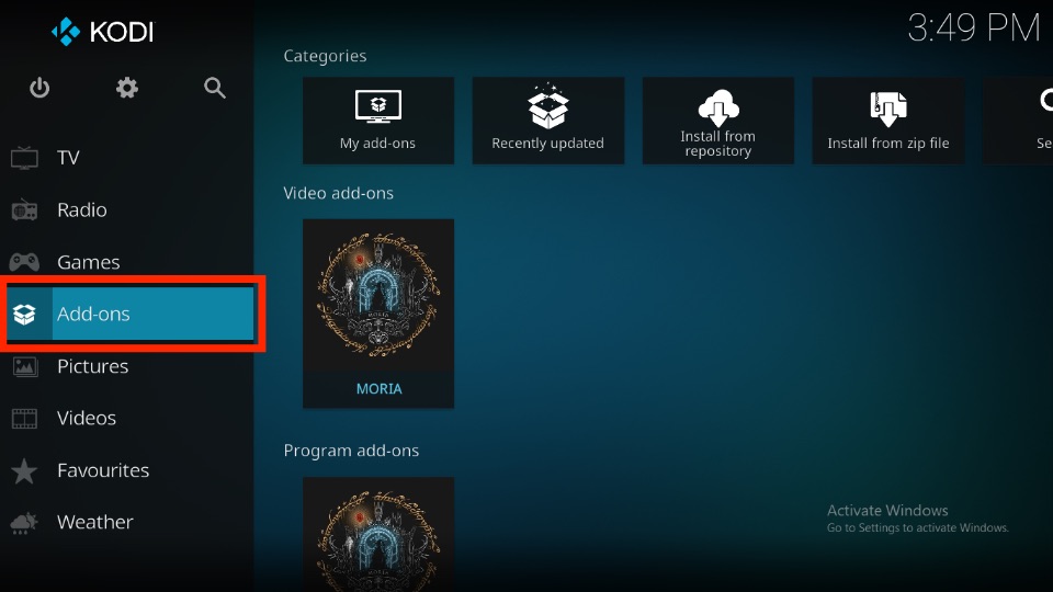 click on Addons tab on kodi screen