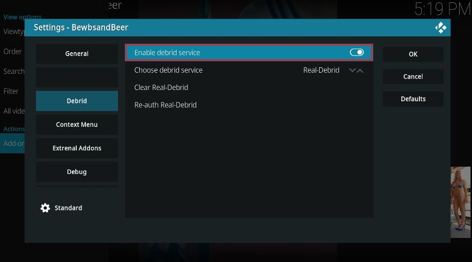 Enable Debrid Service toggle is on