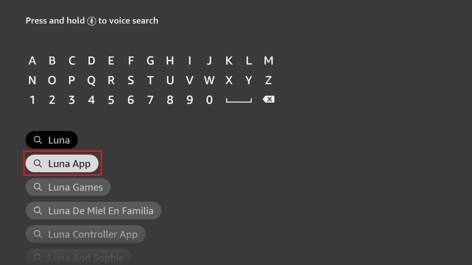 type Luna App on search bar