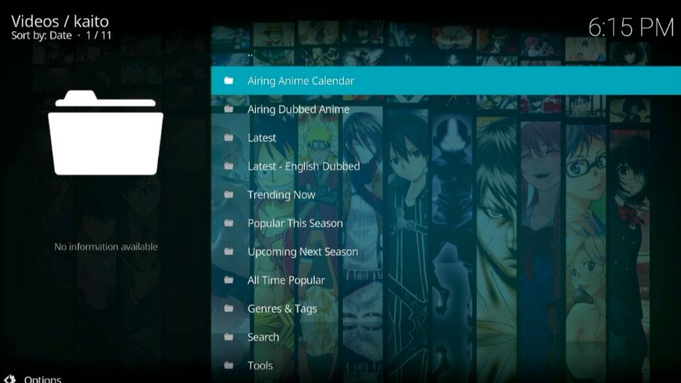 Kaito Kodi Addon home screen