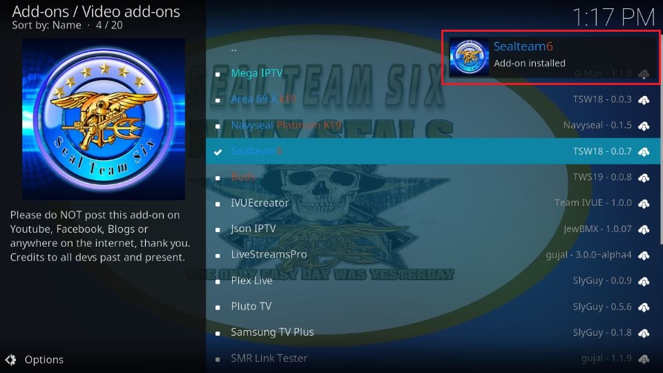 Sealteam6 Add-on Installed