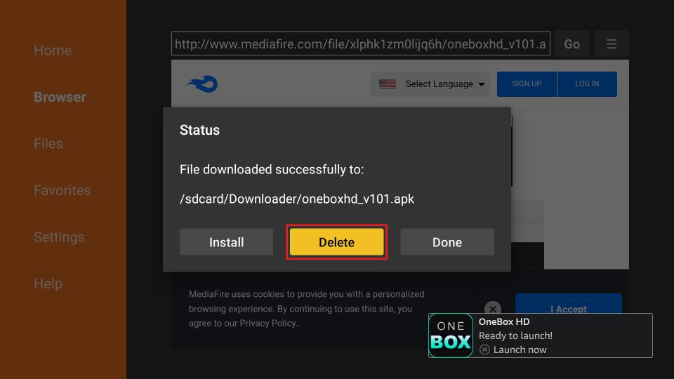 delete onebox hd apk files