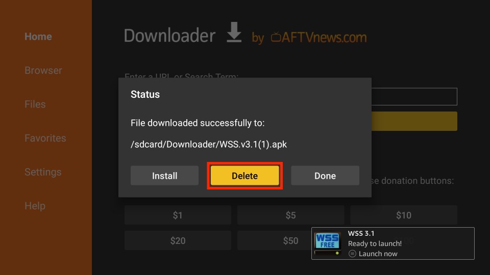 delete wss sports apk files