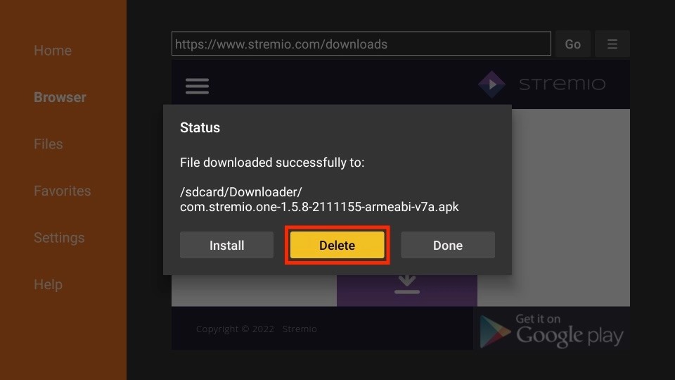 delete stremio apk files