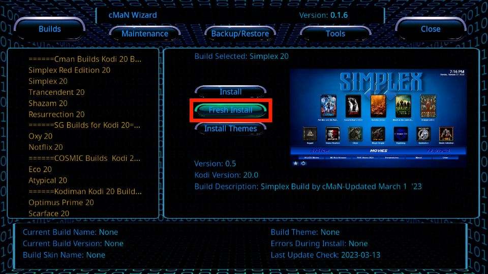 click on Fresh install button