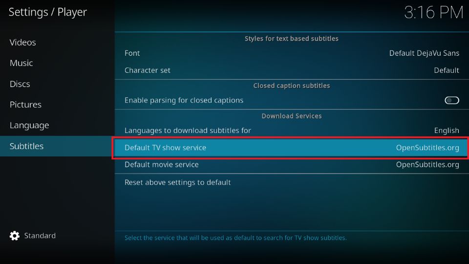 Select the Default TV show service