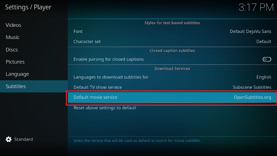 select the Default movie service tab