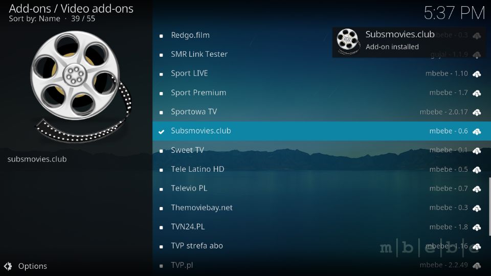 Subsmovies club Add-on installed