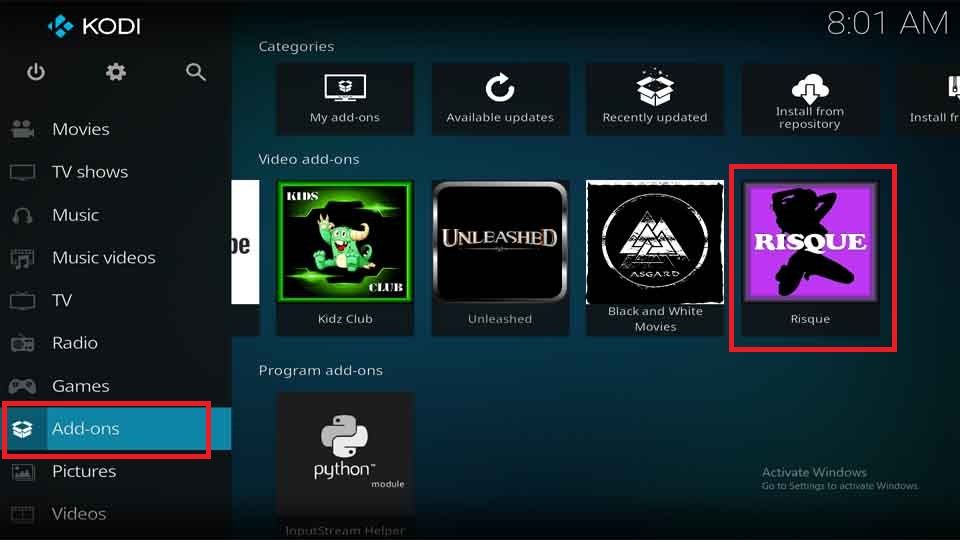 how to use risque kodi addon