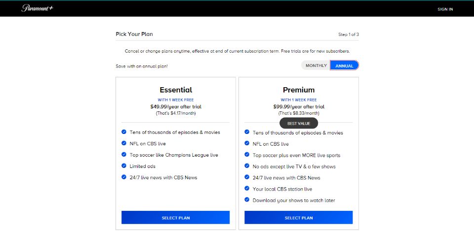 paramount plus subscription plan 