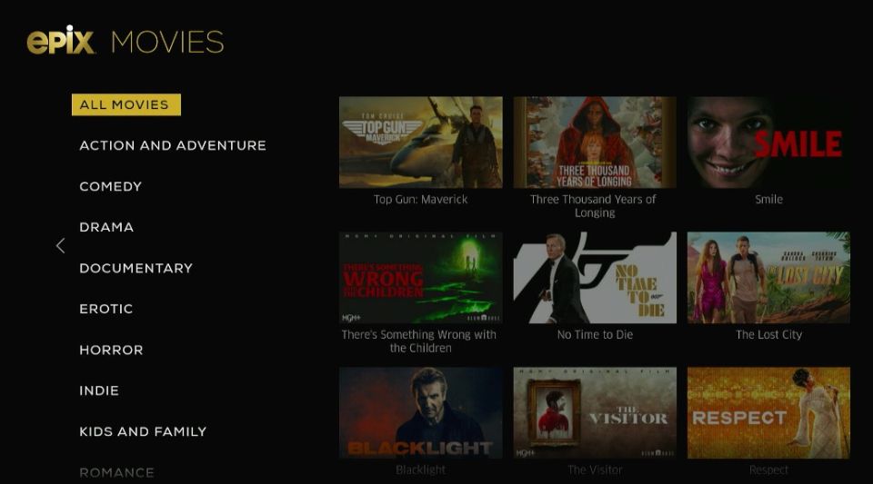 epix movies list