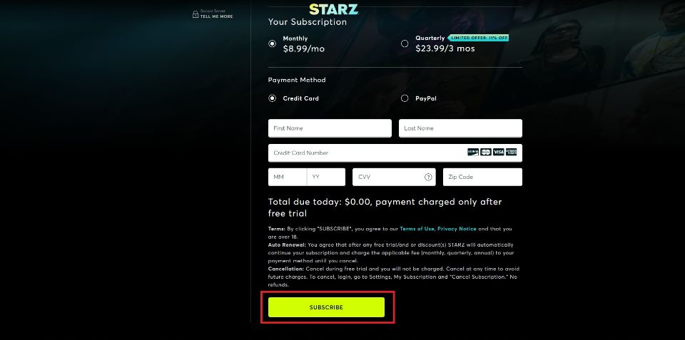subscribe to starz account