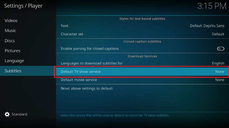 click the Default TV show service