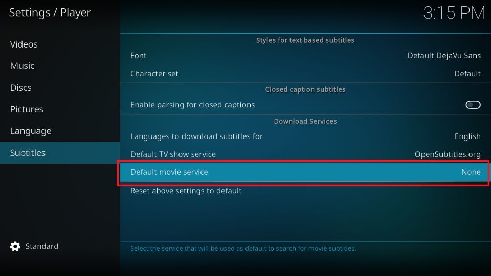 select Default movie service tab