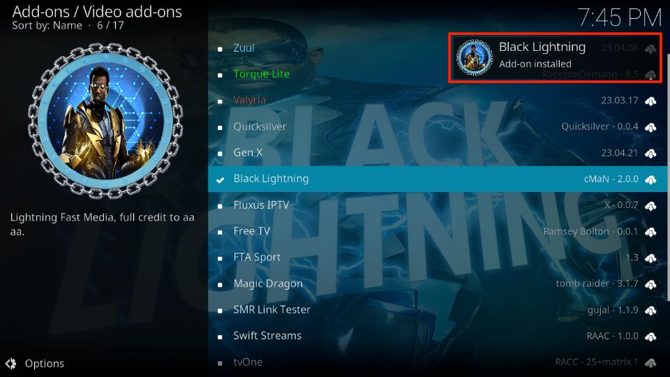 black lightning addon installed