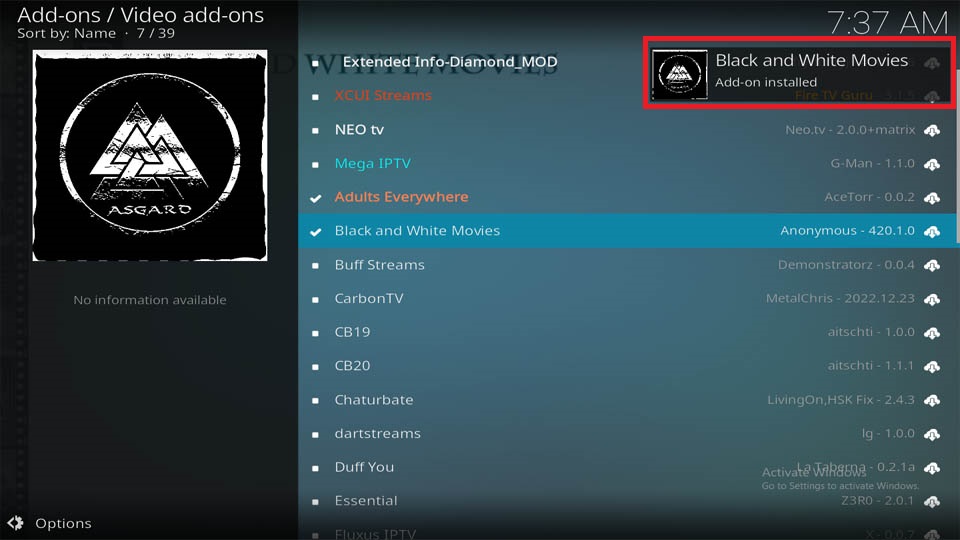black and white movies addoon installed