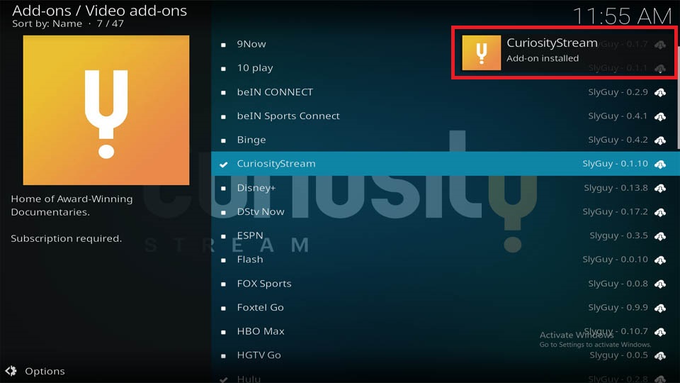 CuriosityStream Add-on installed