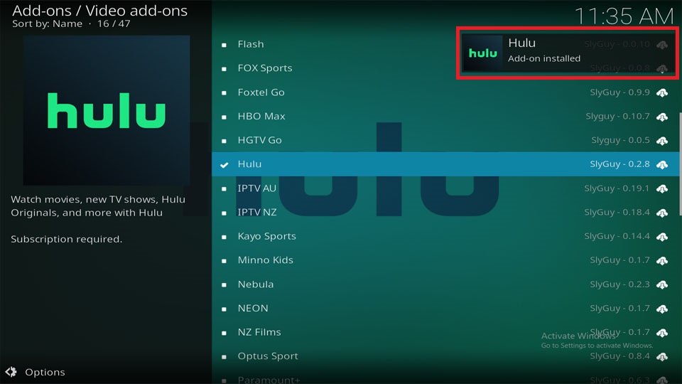 hulu addon installed