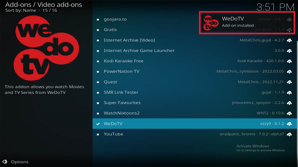 wedotv addon installed