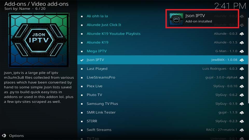 Json IPTV Add-on installed