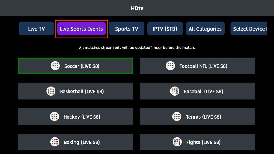 Live Sports Events menu