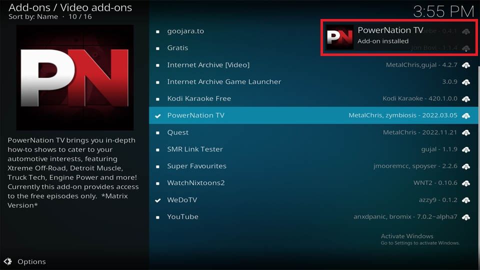 PowerNation TV Add-on installed