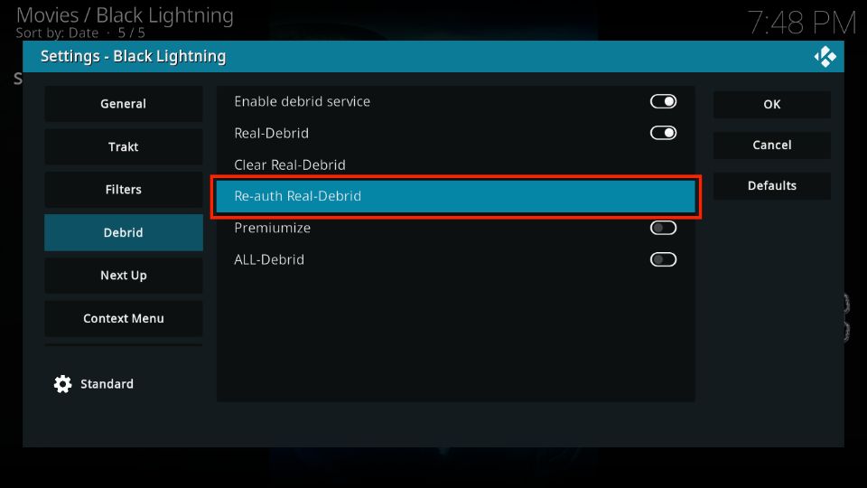 Select Re-auth Real-Debrid