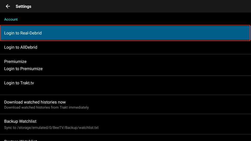 Select Login to Real-Debrid
