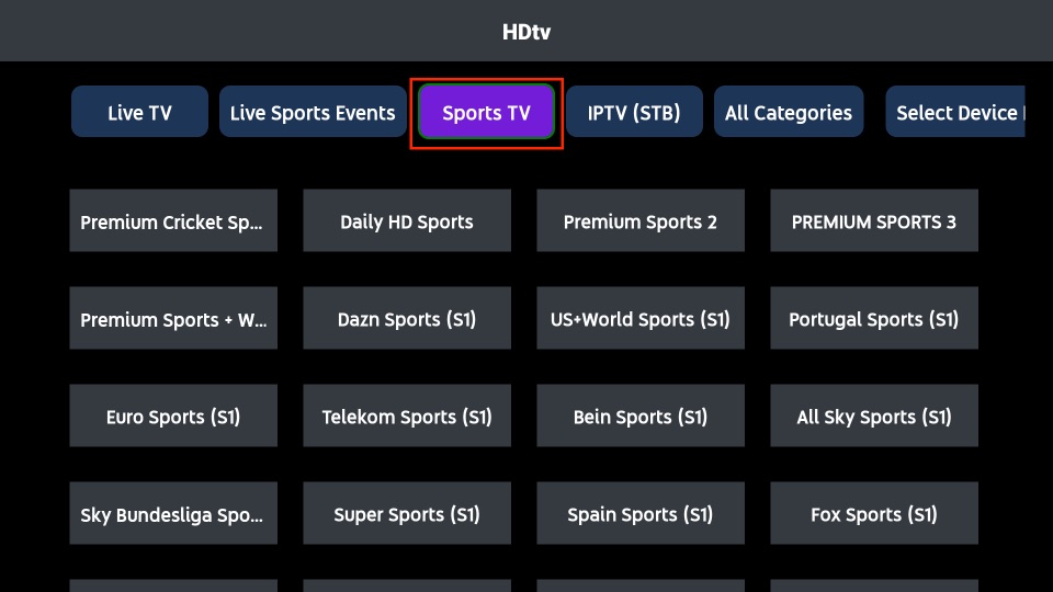 select the Sports TV