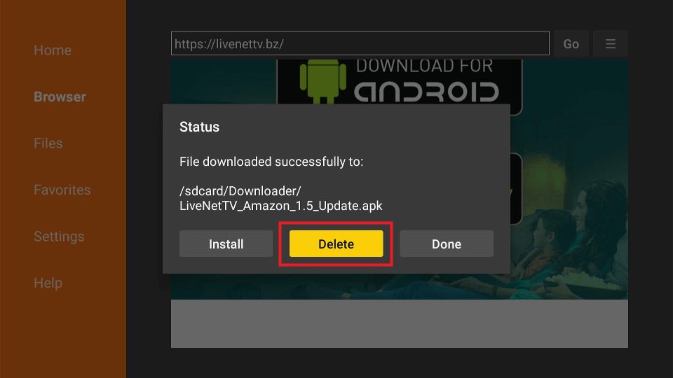 delete live net tv apk file