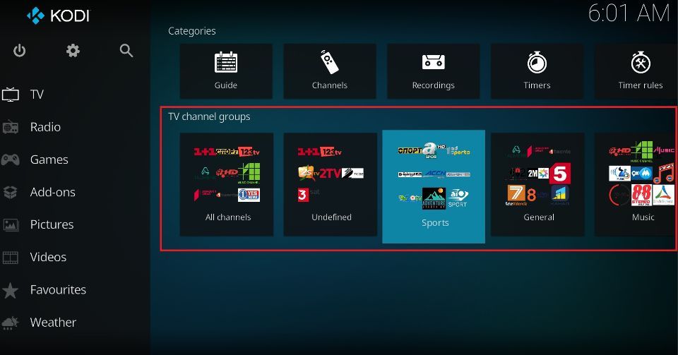 TV channel groups section