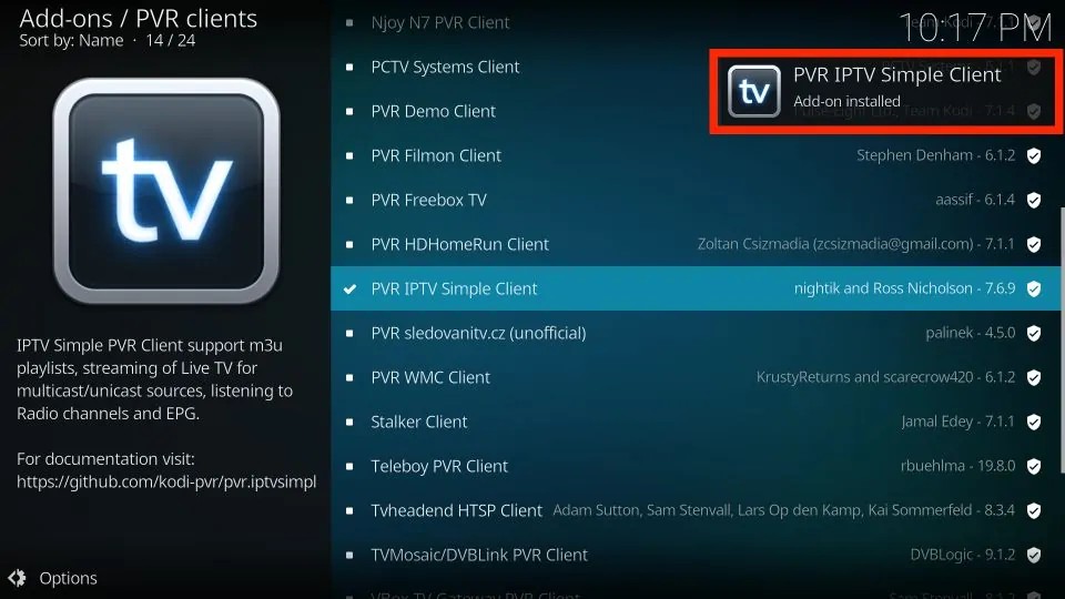 pvr iptv simple client addon installed