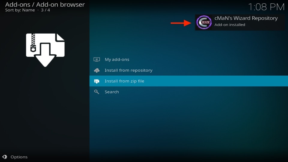 cMaN's Wizard Repository addon installed