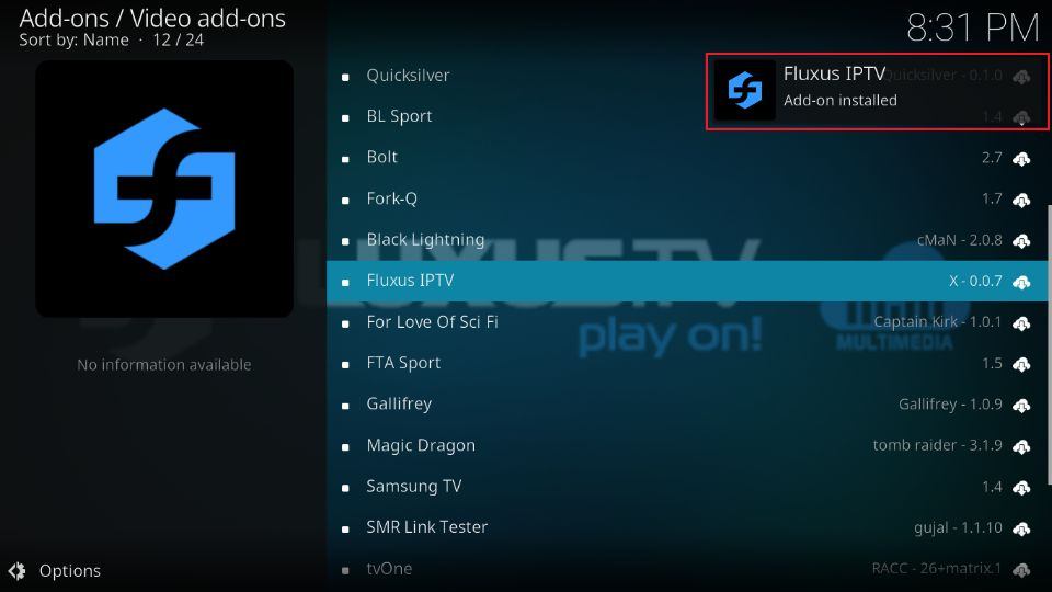 Fluxus-IPTV-Add-on-installed-confirmation-message