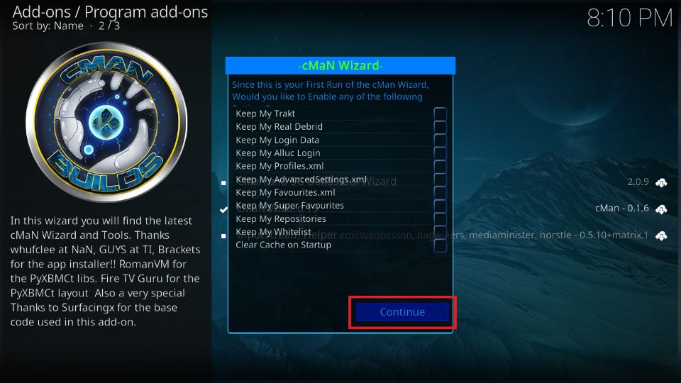 click on continue button
