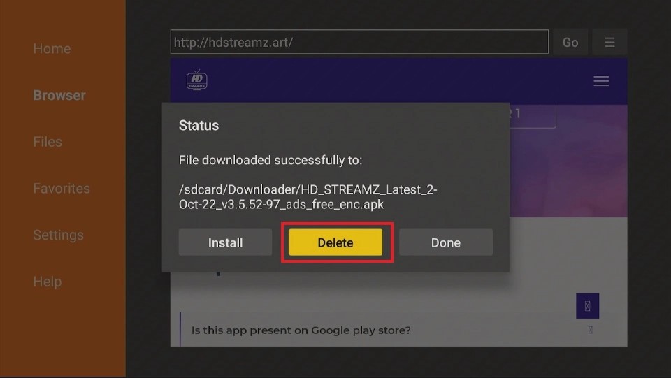 delete hd streamz apk files