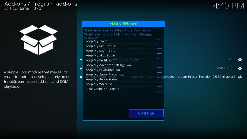 select continue