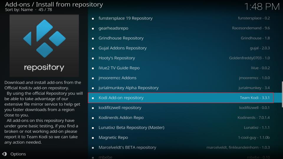 select kodi addon repository