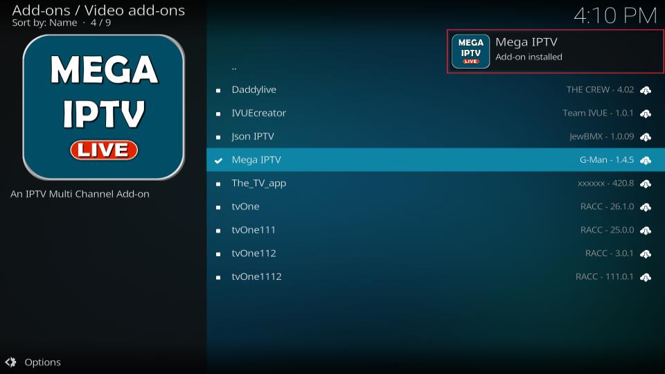 mega iptv addon installed