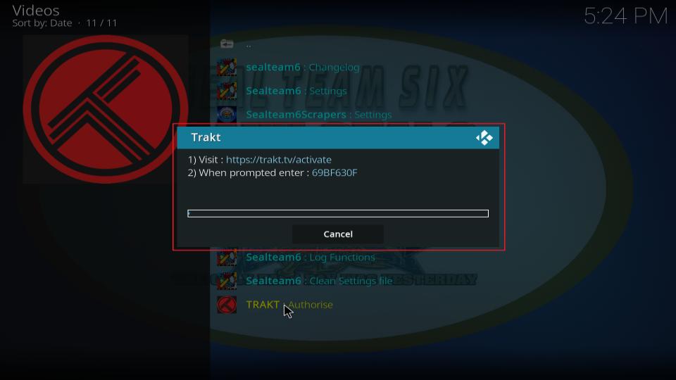 trakt authorization screen