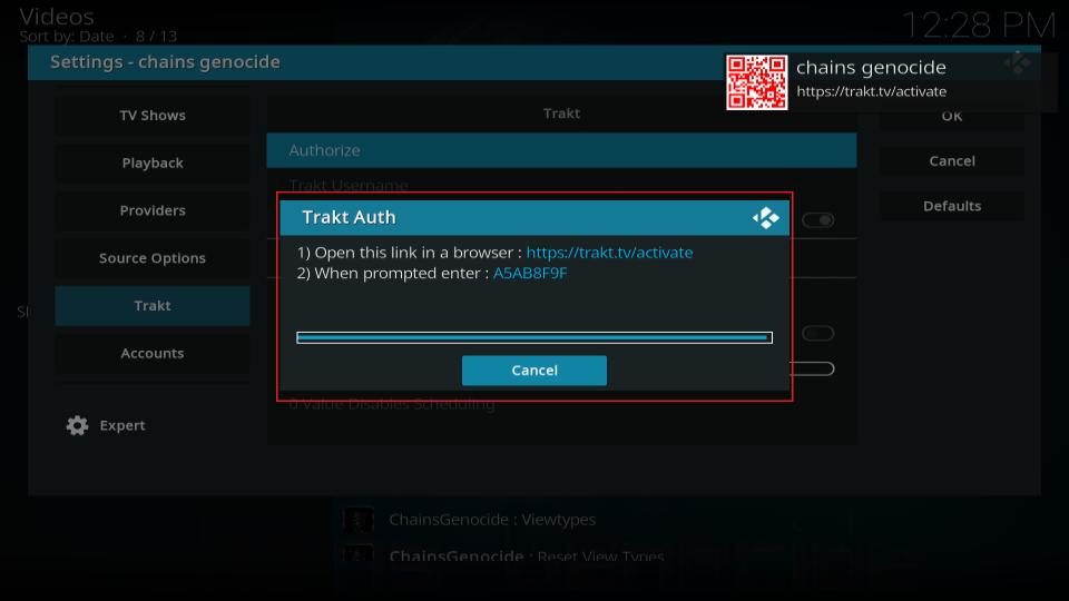 trakt authorization screen