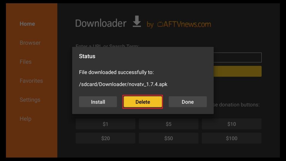 delete nova tv apk files